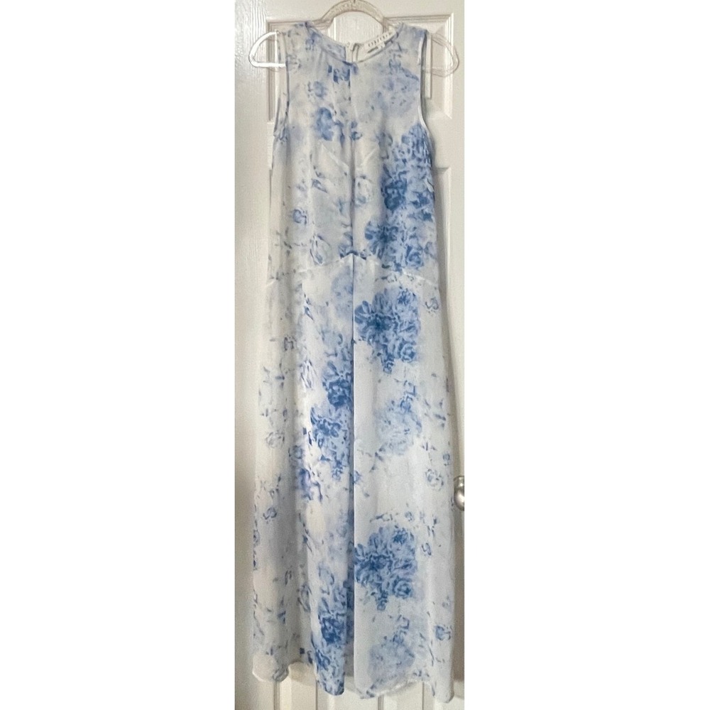 Keepsake Blue White Watercolor Floral Sheer Maxi Dress Sleeveless Small - Picture 10 of 12